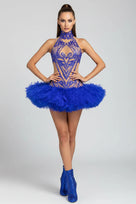 Jessica Bara Hazira Crystal Halter Ruffle Mini Dress