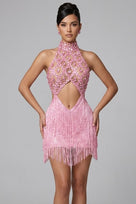 Jessica Bara Shiela High Neck Halter Crystal Fringe Mini Dress
