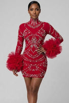 Jessica Bara Xerani Crystal Long Sleeve Ruffle Mini Dress