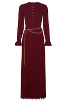 Jessica Bara Deborah Gold Button Long Sleeve Knit Top and Pleated Maxi Skirt Two Piece Set with Belt