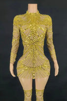Jessica Bara Arabella Crystal Mesh Long Sleeve Mini Dress with Stockings