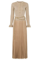 Jessica Bara Deborah Gold Button Long Sleeve Knit Top and Pleated Maxi Skirt Two Piece Set with Belt