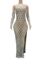 Jessica Bara Xenon One Shoulder Crystal Slit Maxi Dress With Gloves