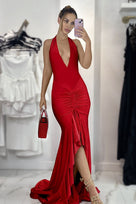 Jessica Bara Azura Halter Neck Backless Ruched Gown