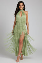 Jessica Bara Reesia Crystal Fringe Cut Out Slit Maxi Dress