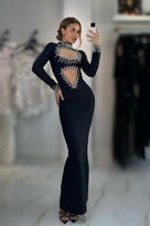 Jessica Bara Ilura High Neck Long Sleeve Crystal Cut Out Maxi Dress