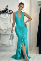 Jessica Bara Azura Halter Neck Backless Ruched Gown