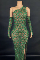Jessica Bara Xenon One Shoulder Crystal Slit Maxi Dress With Gloves