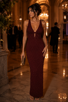 Jessica Bara Alirosa Beaded Deep V-Neck Maxi Dress