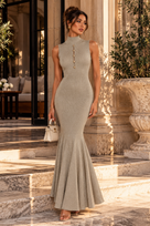 Jessica Bara Amiza Gold Button Turtleneck Maxi Dress