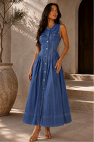 Jessica Bara Ariza Gold Button Denim Maxi Dress