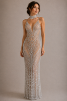 Jessica Bara Avida Crystal Choker Deep V-Neck Feather Gown
