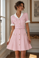 Jessica Bara Avidesh Gold Button Belted Mini Dress