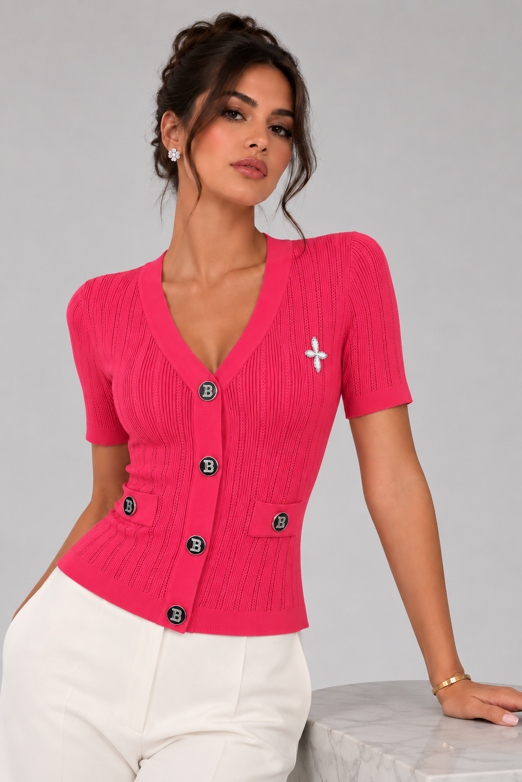 Jessica Bara Avrielle Knit Button Short Sleeve Top