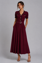 Jessica Bara Azlieka Knit Gold Button Belted Maxi Dress