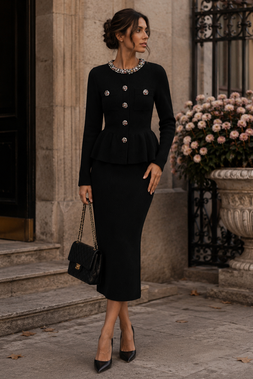 Jessica Bara Azria Long Sleeve Peplum Top and Maxi Skirt Two Piece Set