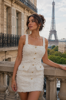Jessica Bara Besel Tweed Gold Button Mini Dress
