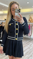 Jessica Bara Liza Gold Button Long Sleeve Top and Mini Skirt Two Piece Set