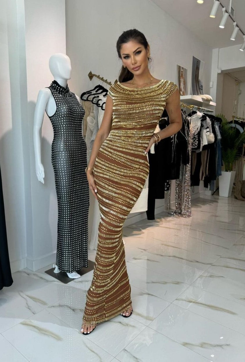 Jessica Bara Gabbie Sequin Off The Shoulder Maxi Dress