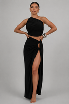 Jessica Bara Janette One Shoulder Ruched Slit Crop Top and Maxi Skirt Two Piece Set