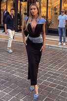 Jessica Bara Creed Patchwork Denim Top and Maxi Skirt Two Piece Set