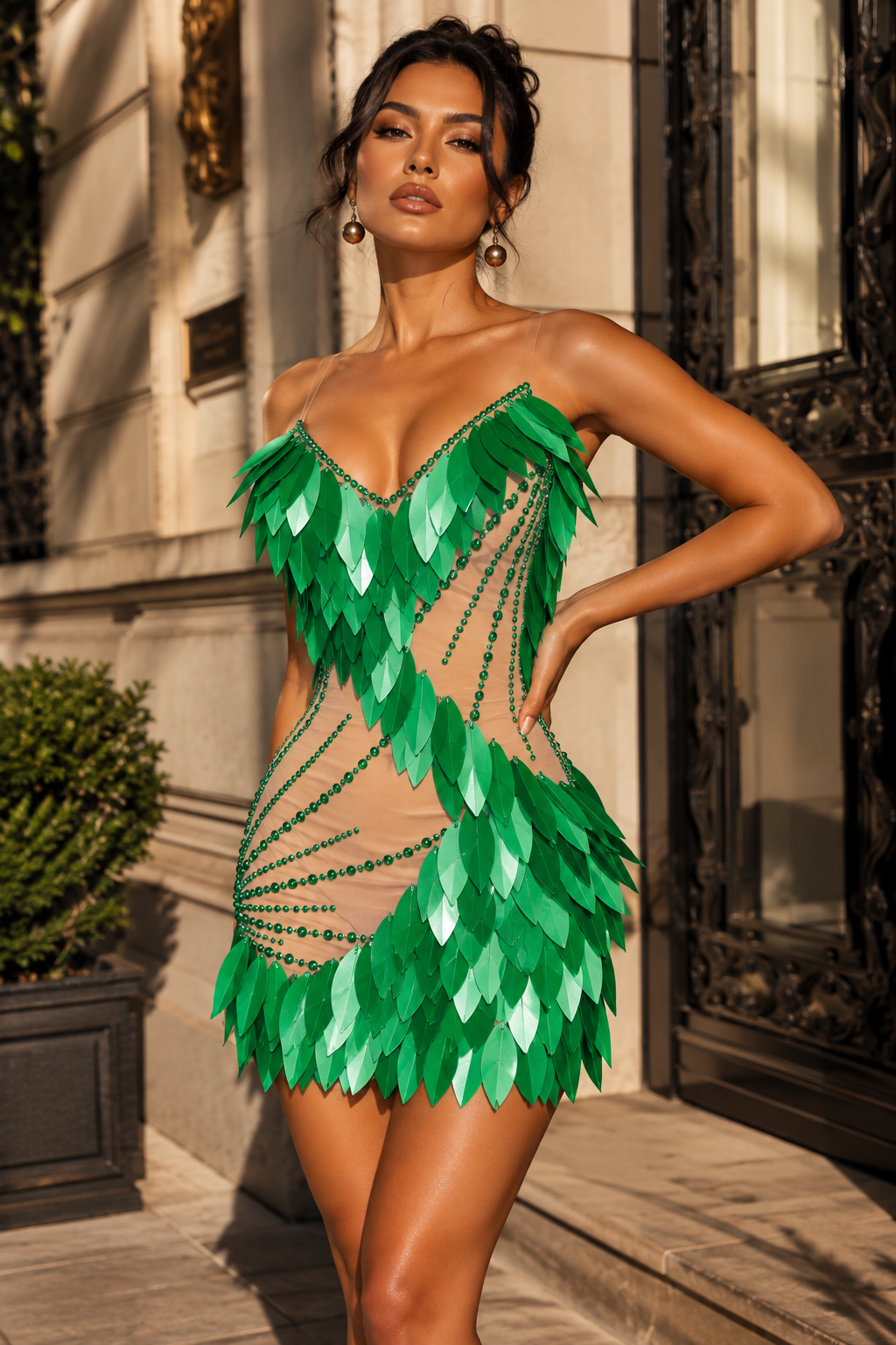 Jessica Bara Dency Sequin Beaded Feather Mini Dress
