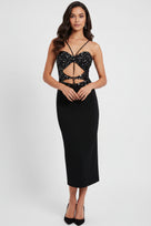 Jessica Bara Dani Fringe Crystal Cut Out Midi Dress