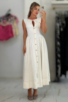 Jessica Bara Ariza Gold Button Denim Maxi Dress