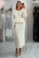 Jessica Bara Shavida Gold Button Long Sleeve Belted Top and Maxi Skirt Two Piece Set
