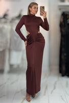 Jessica Bara Orali Long Sleeve High Neck Cut Out Gown