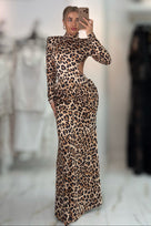Jessica Bara Veda Leopard Long Sleeve High Neck Backless Maxi Dress