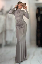 Jessica Bara Zartie Long Sleeve Ruched High Neck Gown