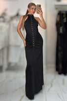 Jessica Bara Zebara High Neck Halter Ruched Maxi Dress