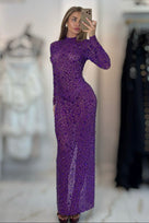 Jessica Bara Mariolla Crystal Long Sleeve High Neck Gown