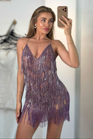 Jessica Bara Amaranta Backless Crystal Fringe Mini Dress