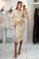 Jessica Bara Musera Tweed Feather Blazer Top and Midi Skirt Two Piece Set