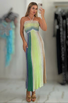 Jessica Bara Rouge Halter Pleated Maxi Dress