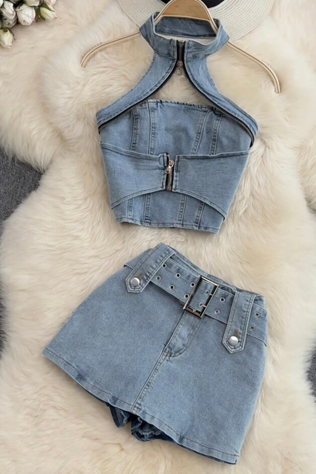 Denim Diva Halter Top & Mini Skirt Set