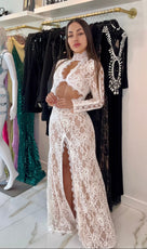 Jessica Bara Dara Lace Long Sleeve Cut Out Gown with Slit
