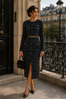 Jessica Bara Gasira Tweed Cardigan Top and Maxi Skirt Two Piece Set