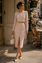 Jessica Bara Gasira Tweed Cardigan Top and Maxi Skirt Two Piece Set