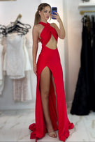 Jessica Bara Alzera Halter Cut Out Slit Gown