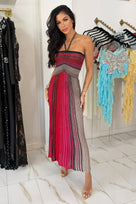 Jessica Bara Rouge Halter Pleated Maxi Dress