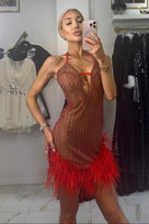 Jessica Bara Romand V Neck Crystal Feather Mini Dress