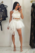 Jessica Bara Eilish Halter Beaded Fringe Top and Ruffle Mini Skirt Set