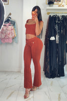 Jessica Bara Lorkie Gold Button Tank Top and Flare Pants Two Piece Set