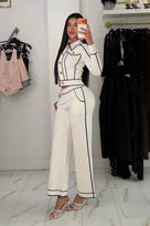 Jessica Bara Asya Gold Button Collared Long Sleeve Top and Pants Two Piece Set