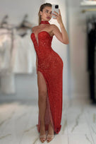 Jessica Bara Adel Crystal Choker Slit Gown