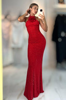 Jessica Bara Adira Flower Crystal Halter Neck Maxi Dress