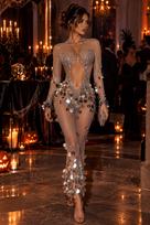 Jessica Bara Adora Long Sleeve Crystal Sequin Maxi Dress